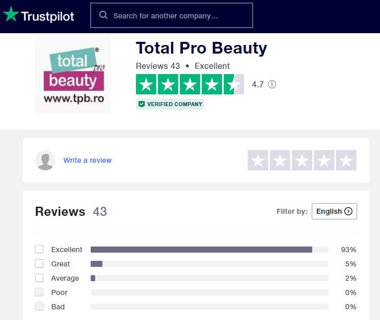 TrustPilot despre Total Pro Beauty